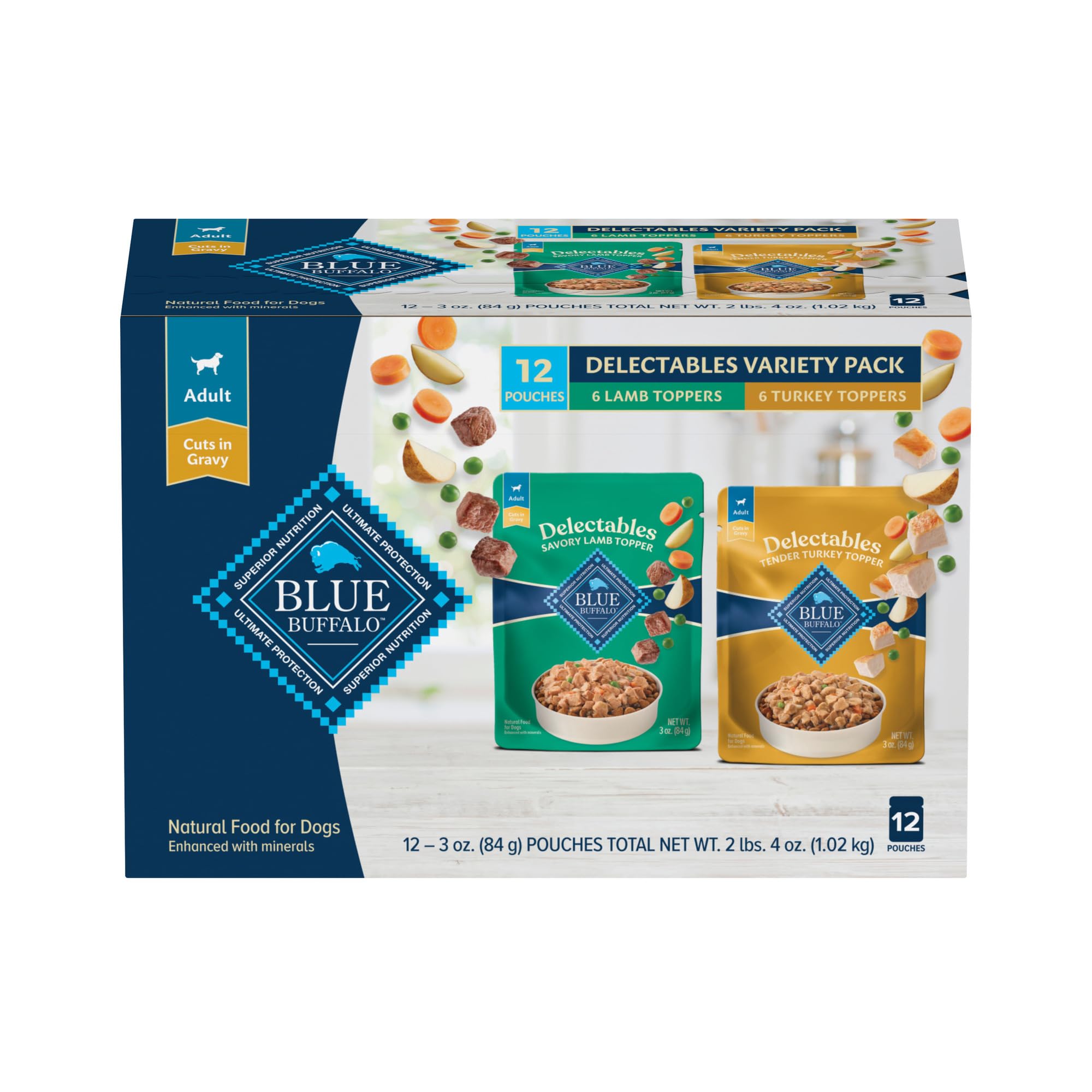 Blue Buffalo Delectables Lamb Topper in gravy enhances mealtime flavor for dogs.