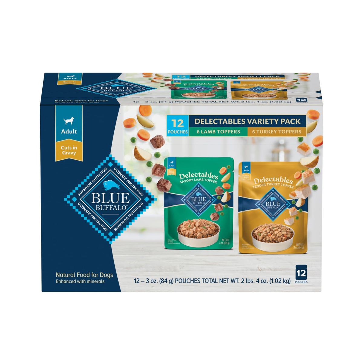 Blue Buffalo Delectables Lamb Topper in gravy enhances mealtime flavor for dogs.