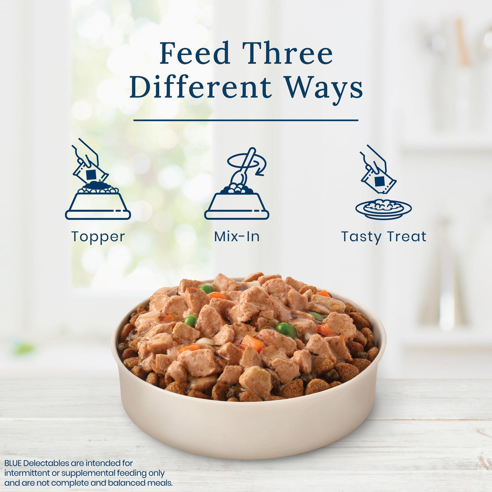 Blue Buffalo Delectables Lamb Topper 3oz pouch provides convenient single-serve portions.