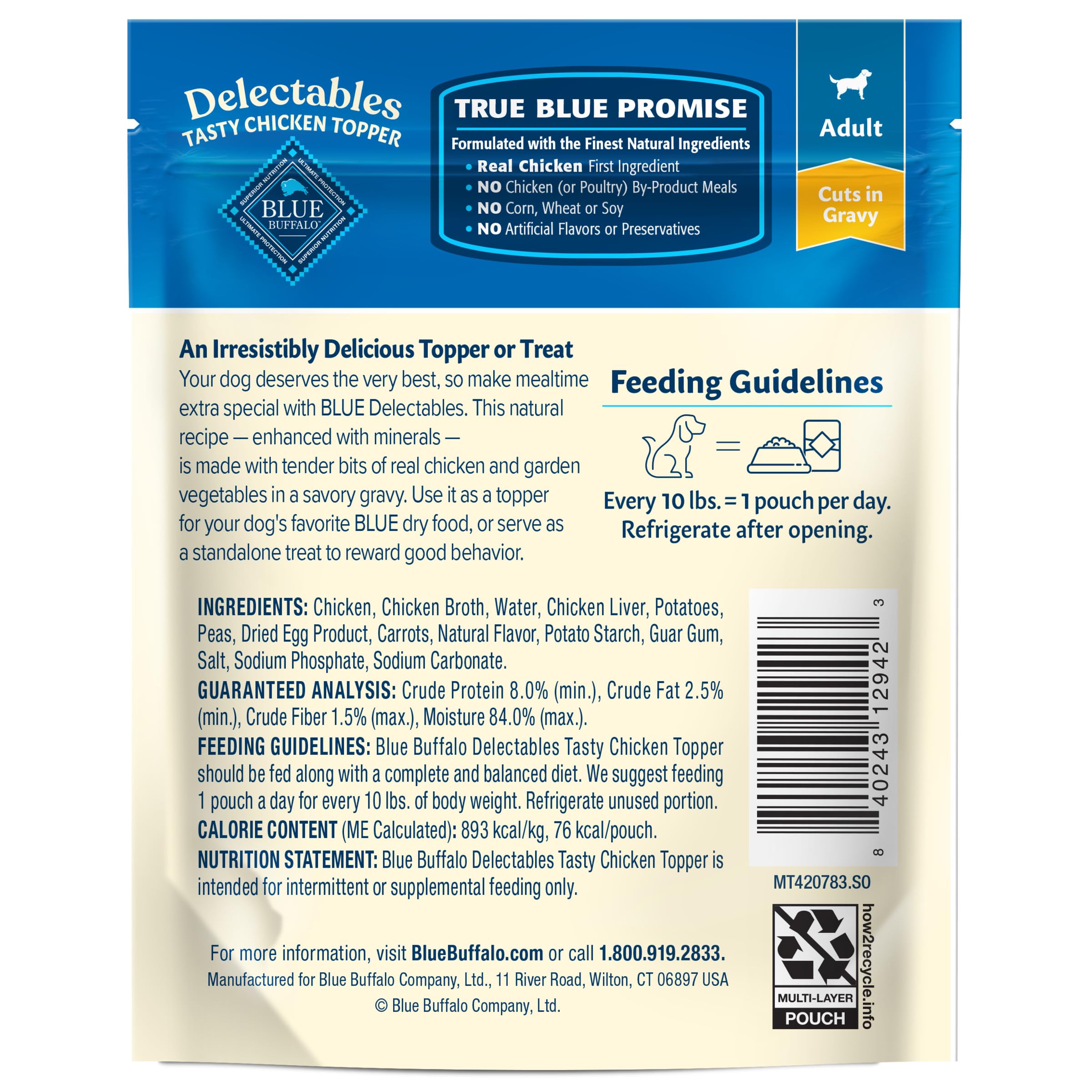 Blue Buffalo Delectables open pouch ready to top dry dog food.