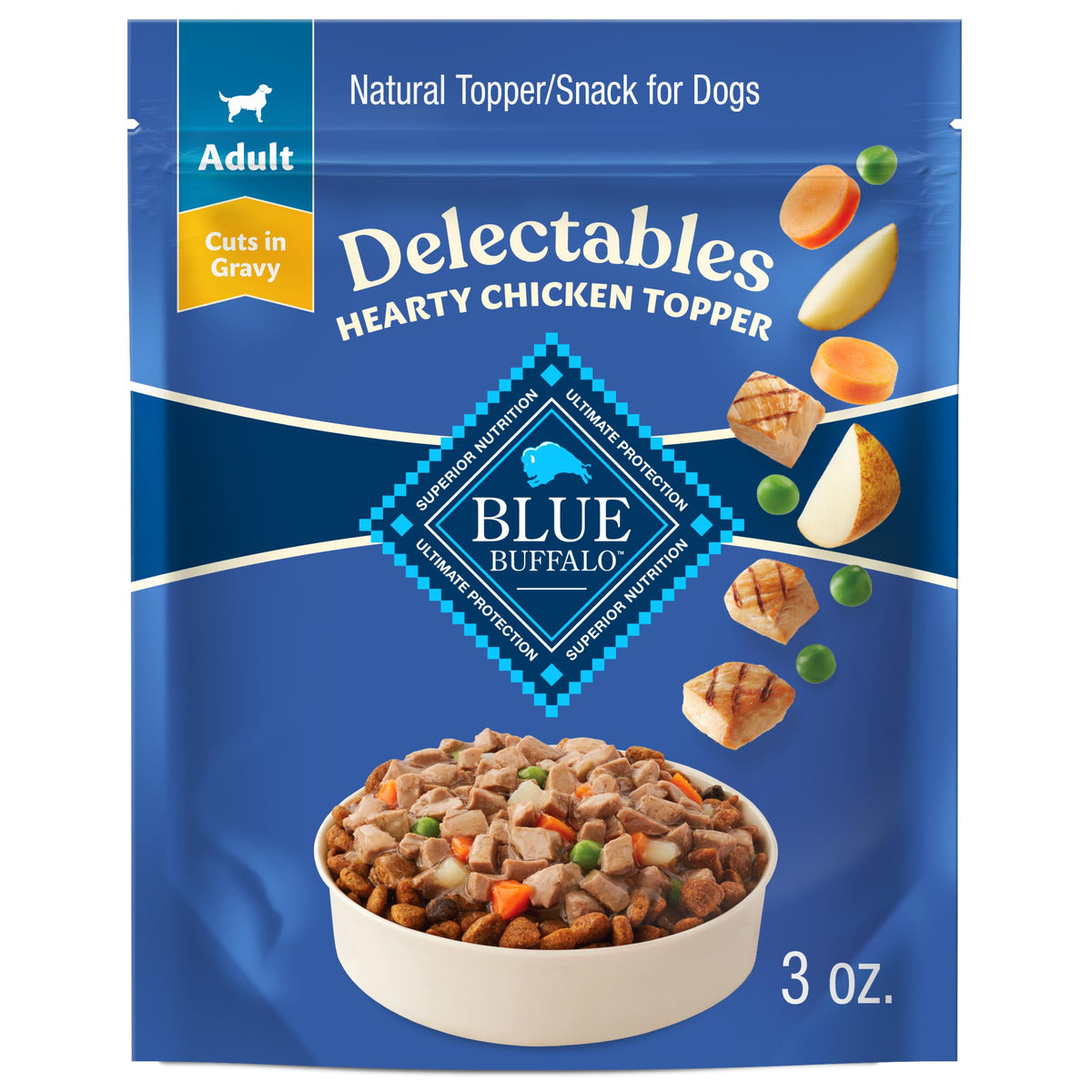 Blue Buffalo Delectables packaging display showing 24 pouches for convenient mealtime prep.