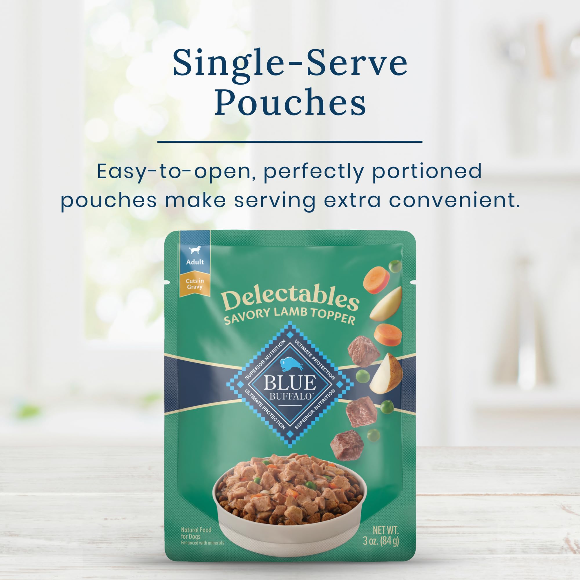 Blue Buffalo Delectables Lamb Dinner Topper delivers natural ingredients for balanced meals.