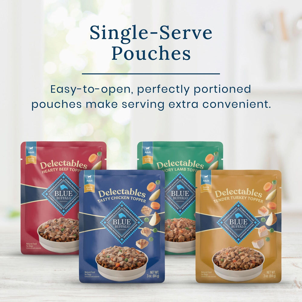 Blue Buffalo Delectables variety-pack pouch set for versatile feeding.