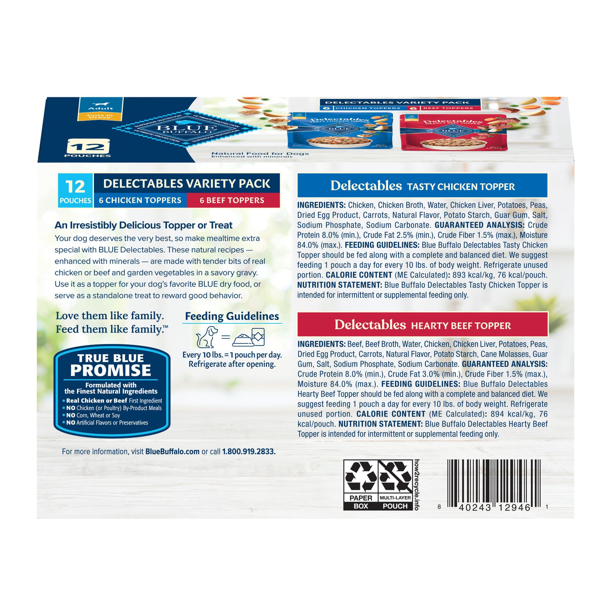 Blue Buffalo Delectables toppers beef in gravy pouch enriches mealtime variety.