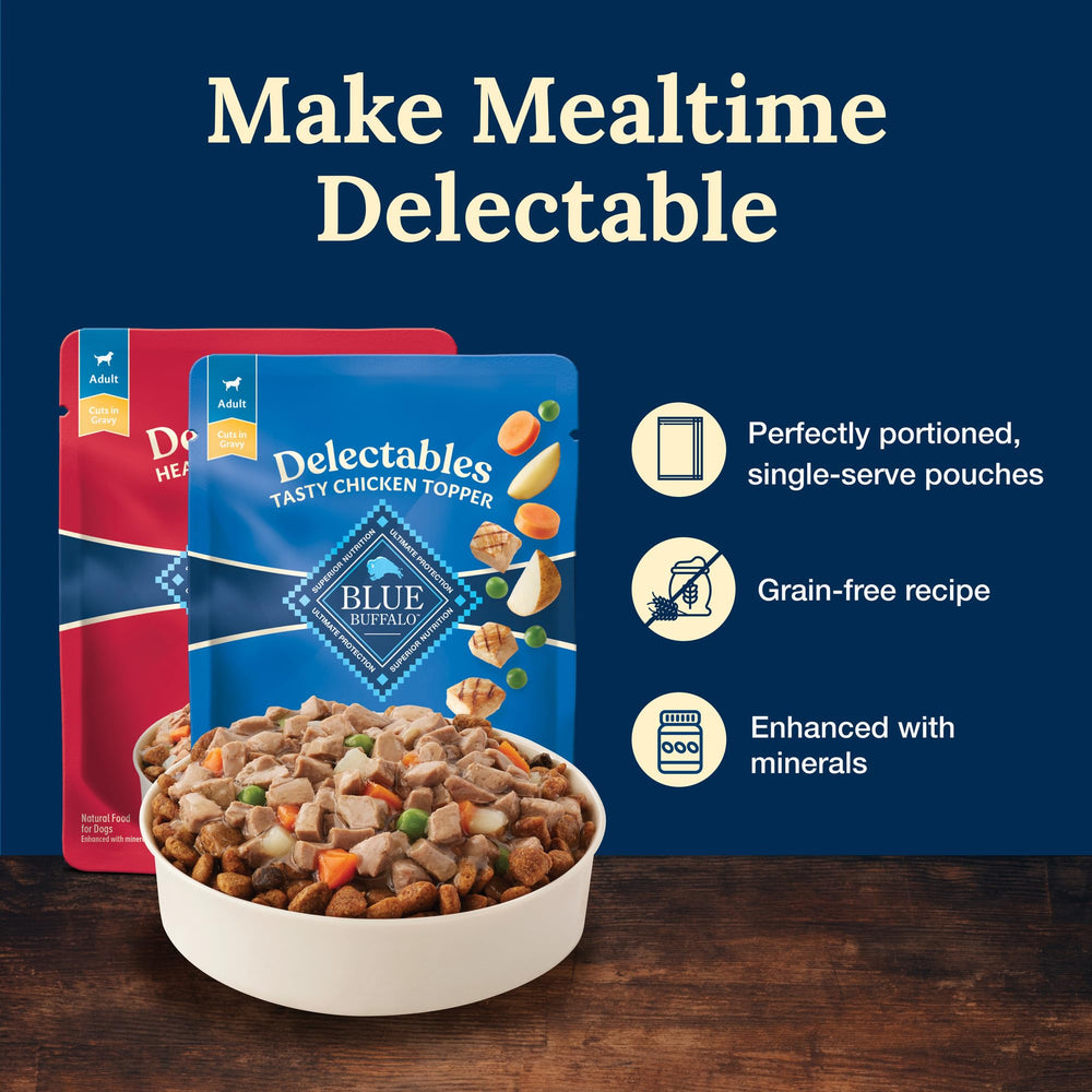 Blue Buffalo Delectables toppers beef pouch closeup showcases hearty texture and appeal.