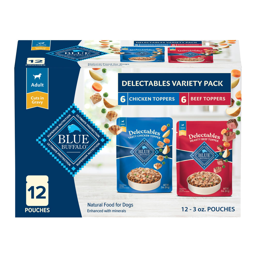 Blue Buffalo Delectables toppers chicken in gravy pouch enhances dry meals.