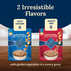 Blue Buffalo Delectables toppers chicken pouch closeup highlights real ingredients for flavor boost.