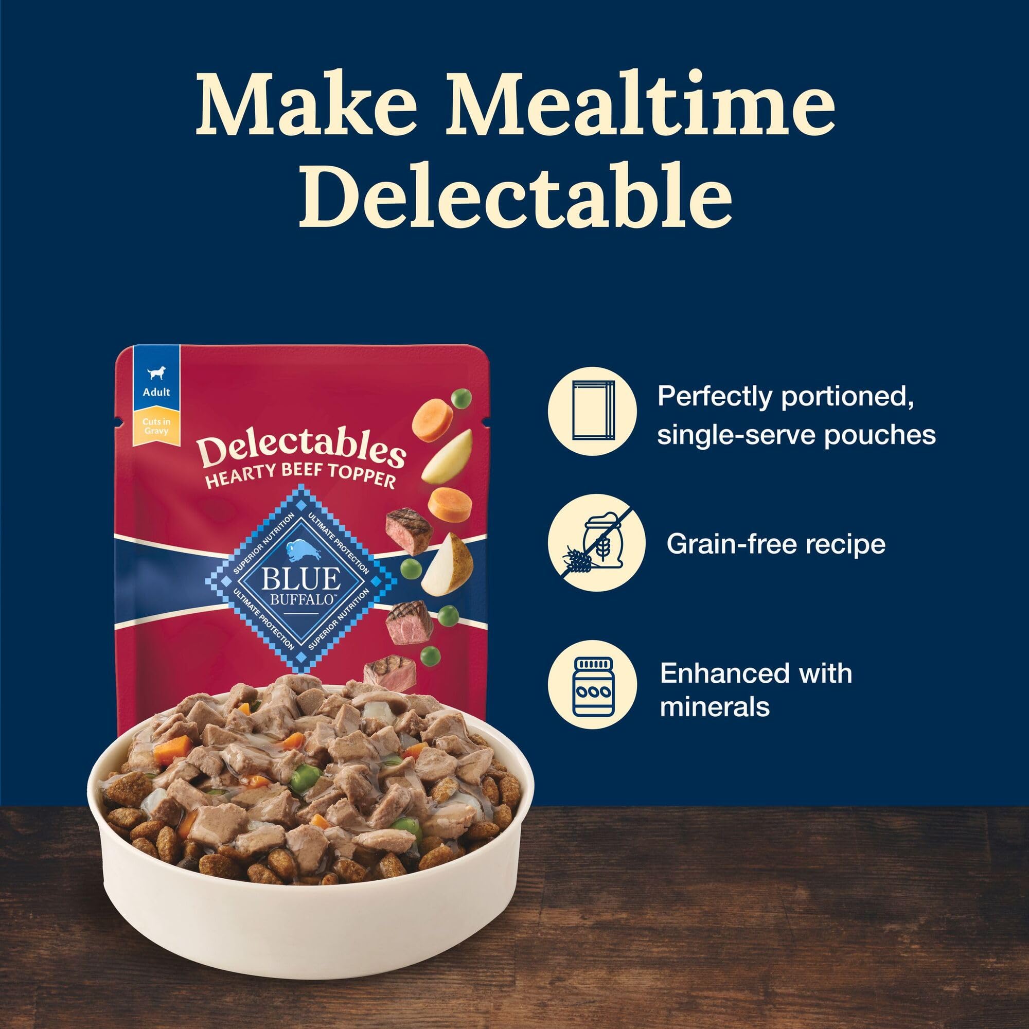 Blue Buffalo Delectables grain-free recipe label emphasizes no corn, wheat, or soy