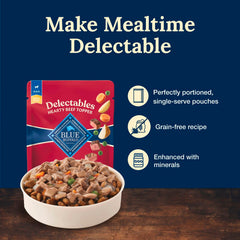 Blue Buffalo Delectables grain-free recipe label emphasizes no corn, wheat, or soy
