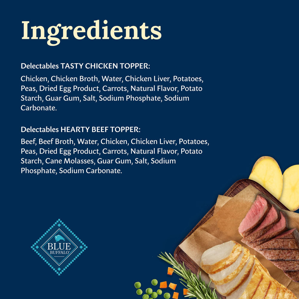 Blue Buffalo Delectables toppers nutrition panel shows grain-free formula.