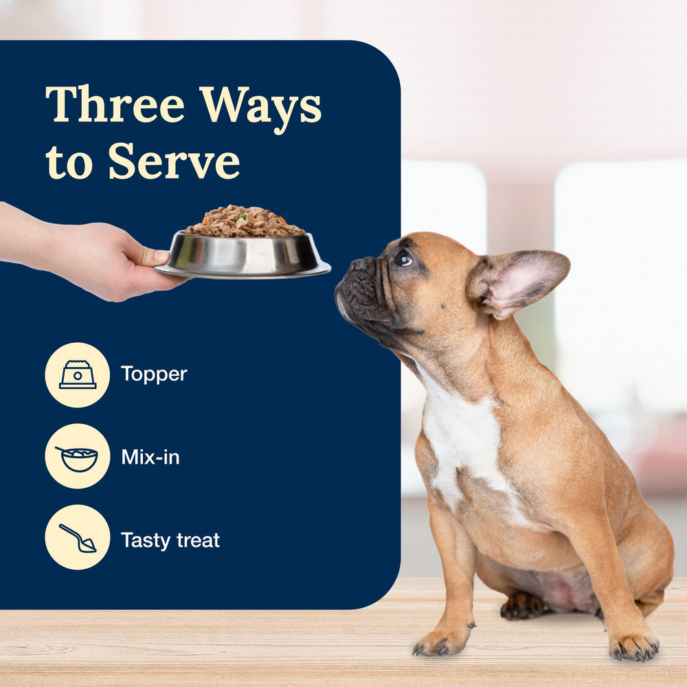 Blue Buffalo Delectables toppers serving over dry food in bowl.