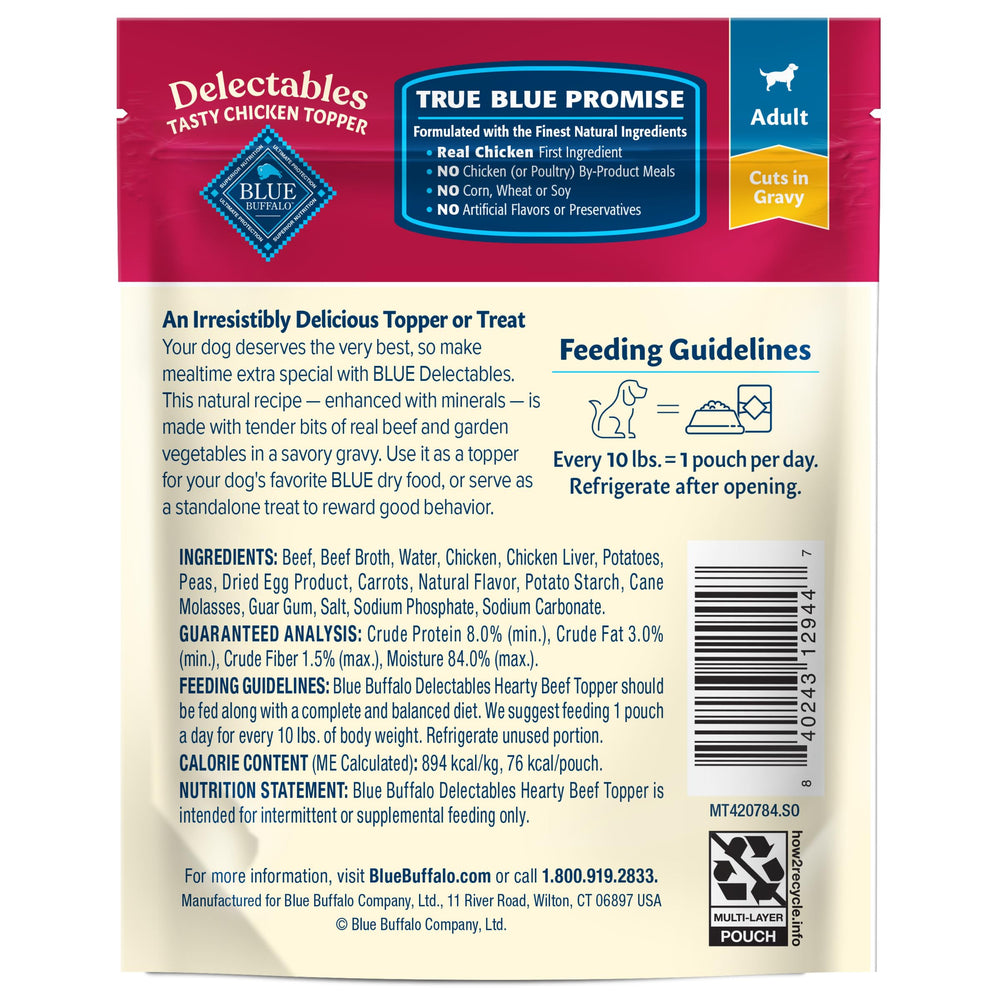 Blue Buffalo Delectables single-serve pouch pack shows convenient portion control for busy households