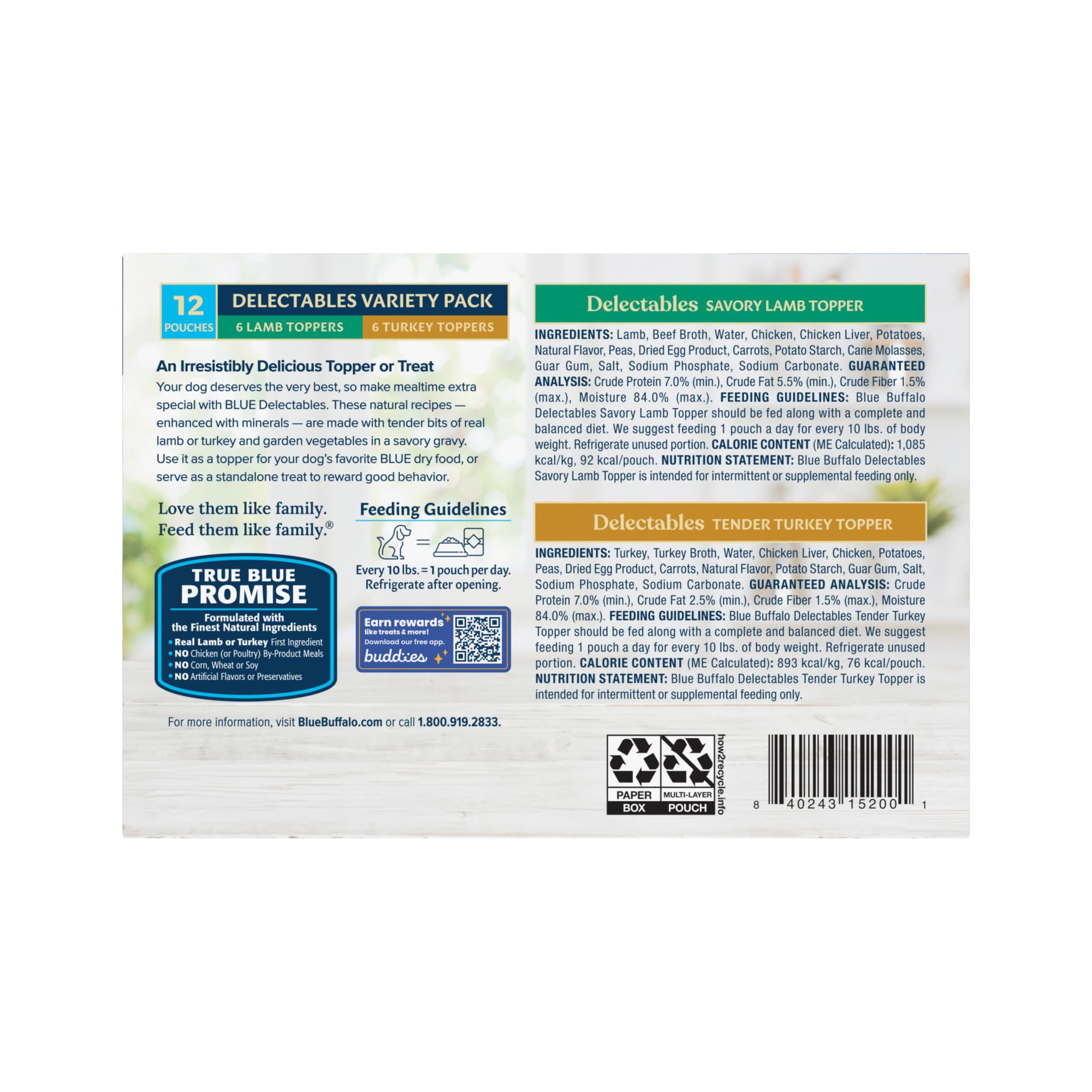 Blue Buffalo Delectables Turkey Topper in gravy enhances mealtime flavor for dogs.