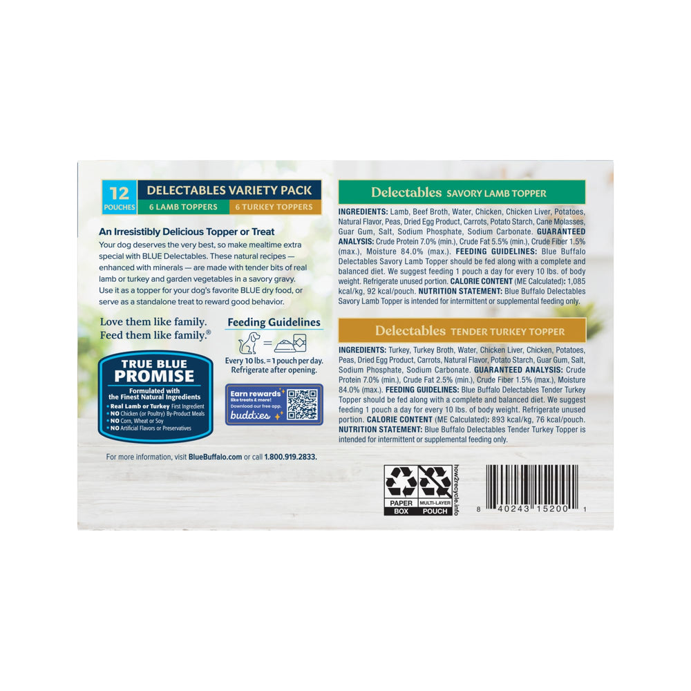 Blue Buffalo Delectables Turkey Topper in gravy enhances mealtime flavor for dogs.