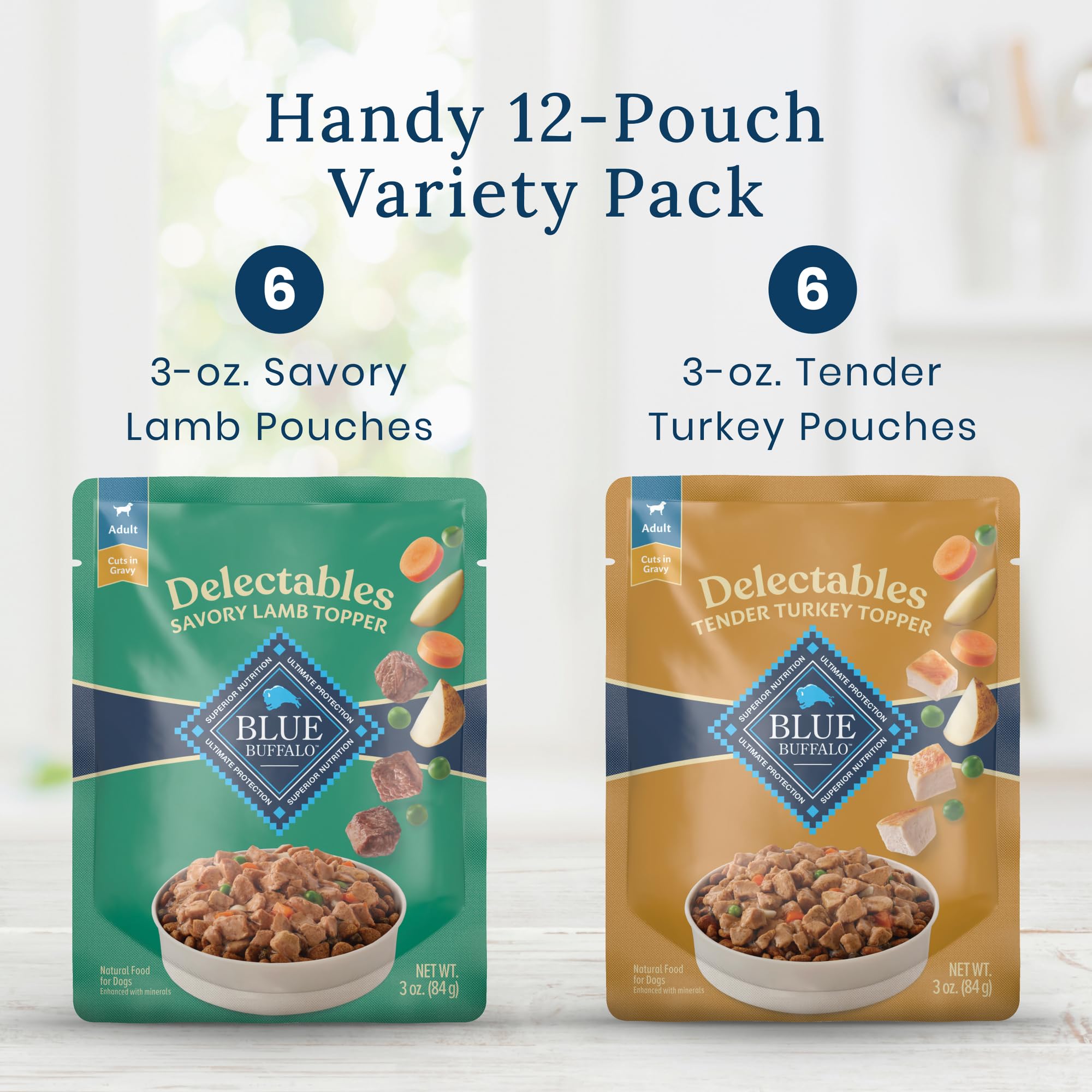 Blue Buffalo Delectables Variety Pack Box shows two flavors for rotation.