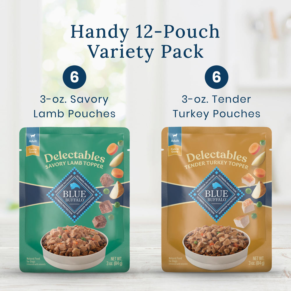 Blue Buffalo Delectables Variety Pack Box shows two flavors for rotation.