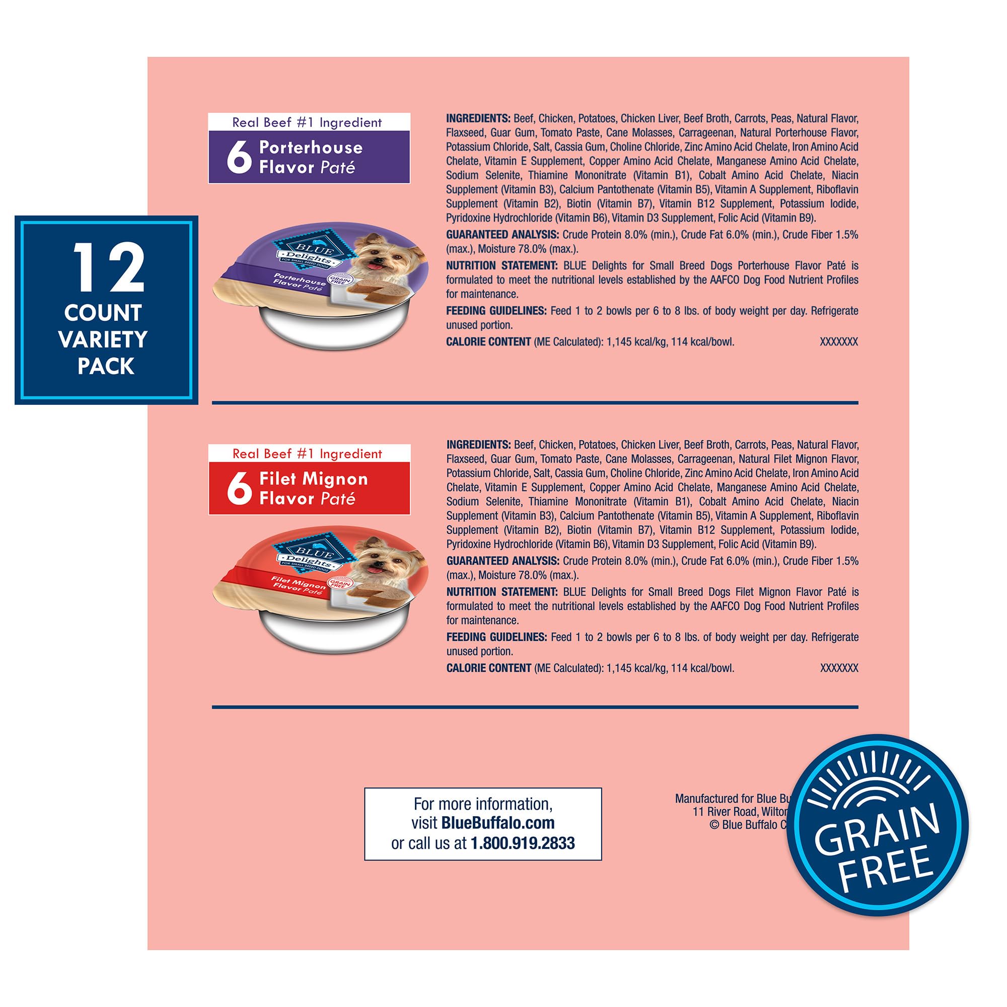 Blue Buffalo Delights Filet Mignon Pâté Cups showcase rich flavor in small-breed portions for daily meals at home.