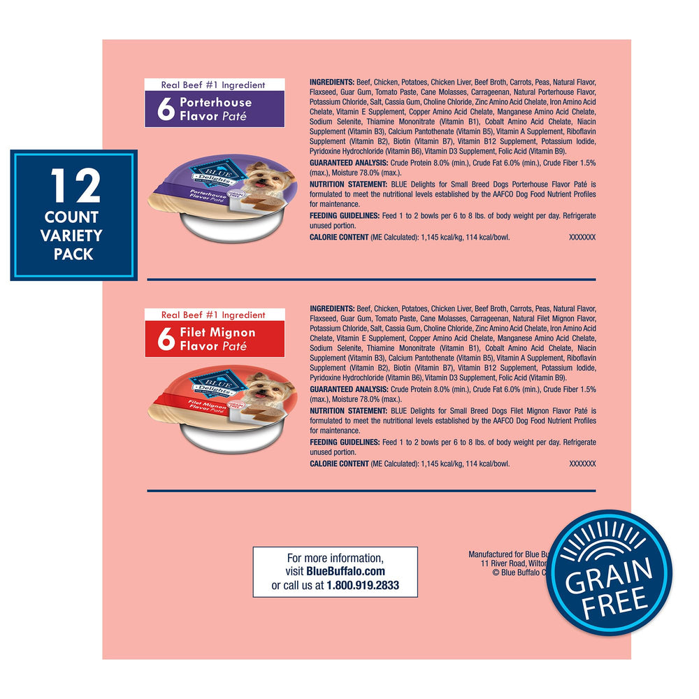 Blue Buffalo Delights Filet Mignon Pâté Cups showcase rich flavor in small-breed portions for daily meals at home.