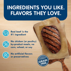Blue Buffalo Delights Filet Mignon cup in gravy, premium natural ingredients for small breeds.