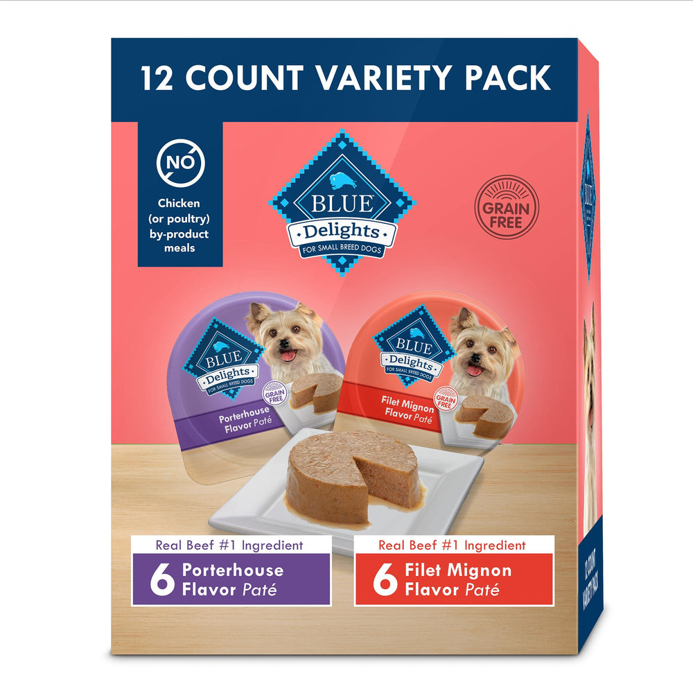 Blue Buffalo Delights Porterhouse Pâté Cups feature real beef first ingredient for small-breed meals supporting balanced nutrition daily.