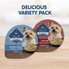 Blue Buffalo Delights Prime Rib Cups in Gravy, savory texture for adult dogs.