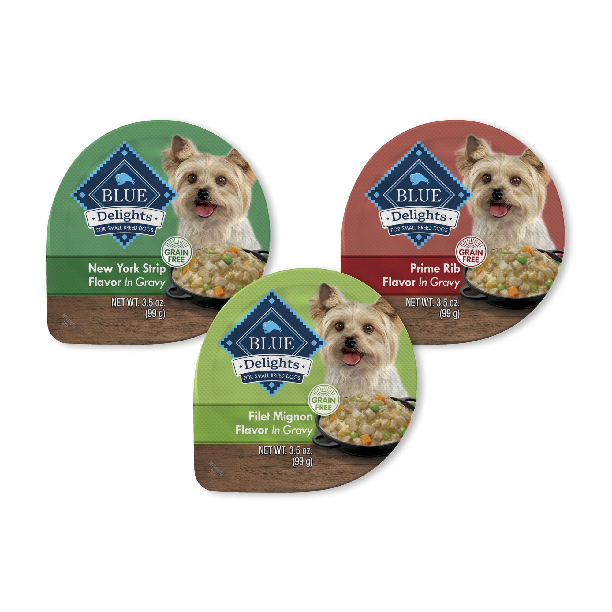 Blue Buffalo Delights Prime Rib cup in gravy, convenient single-serve meal for small dogs.