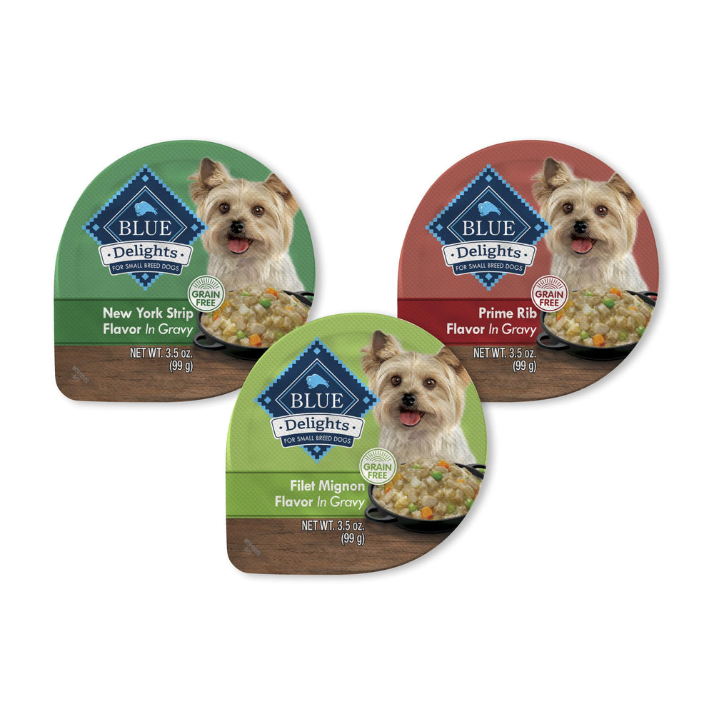 Blue Buffalo Delights Prime Rib cup in gravy, convenient single-serve meal for small dogs.