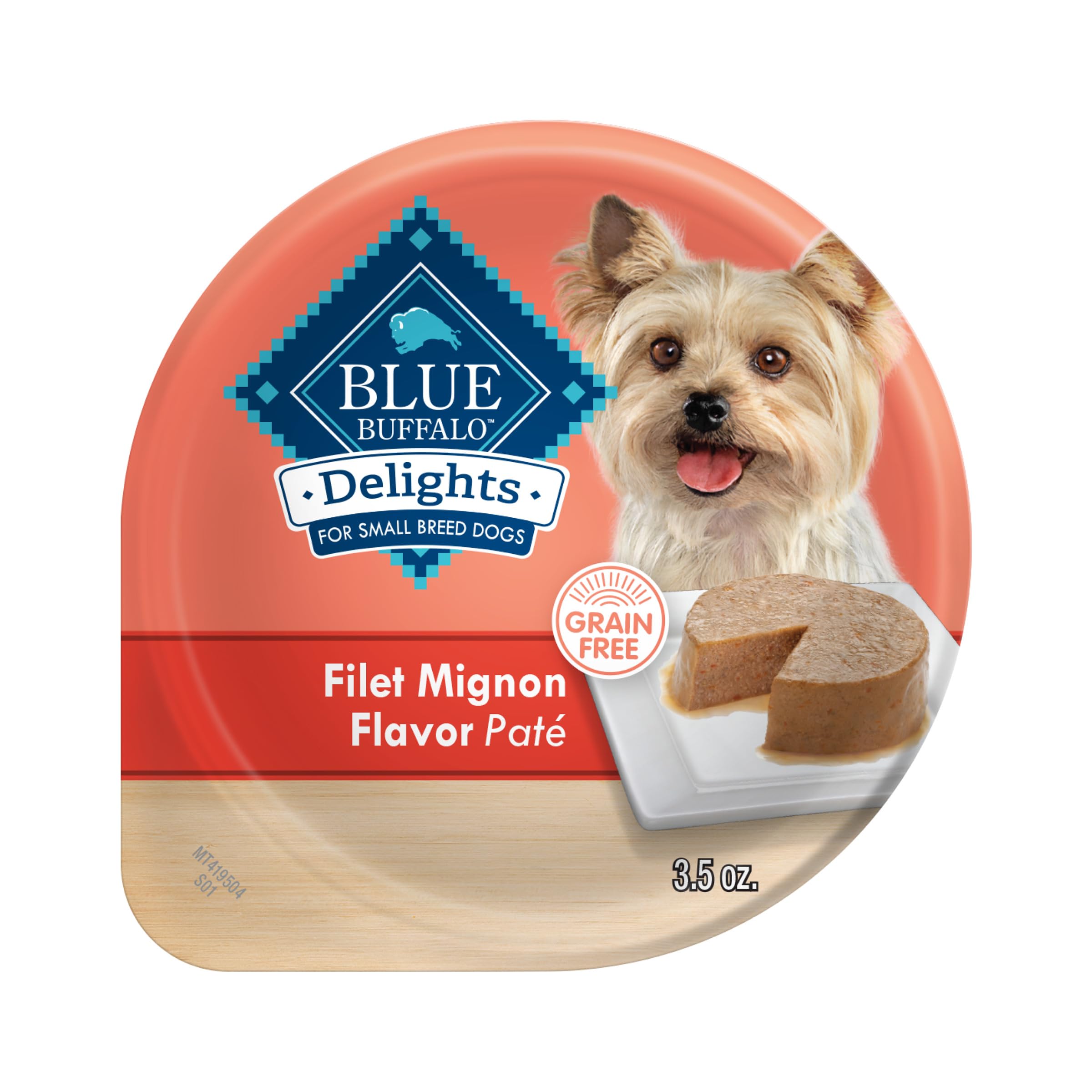 Blue Buffalo Delights small-breed cups with filet mignon pate in juice, easy to serve for small dogs.