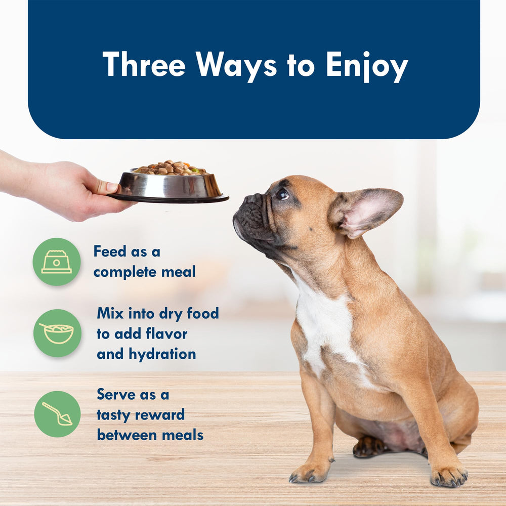 Blue Buffalo Delights dog enjoying a meal from a cup