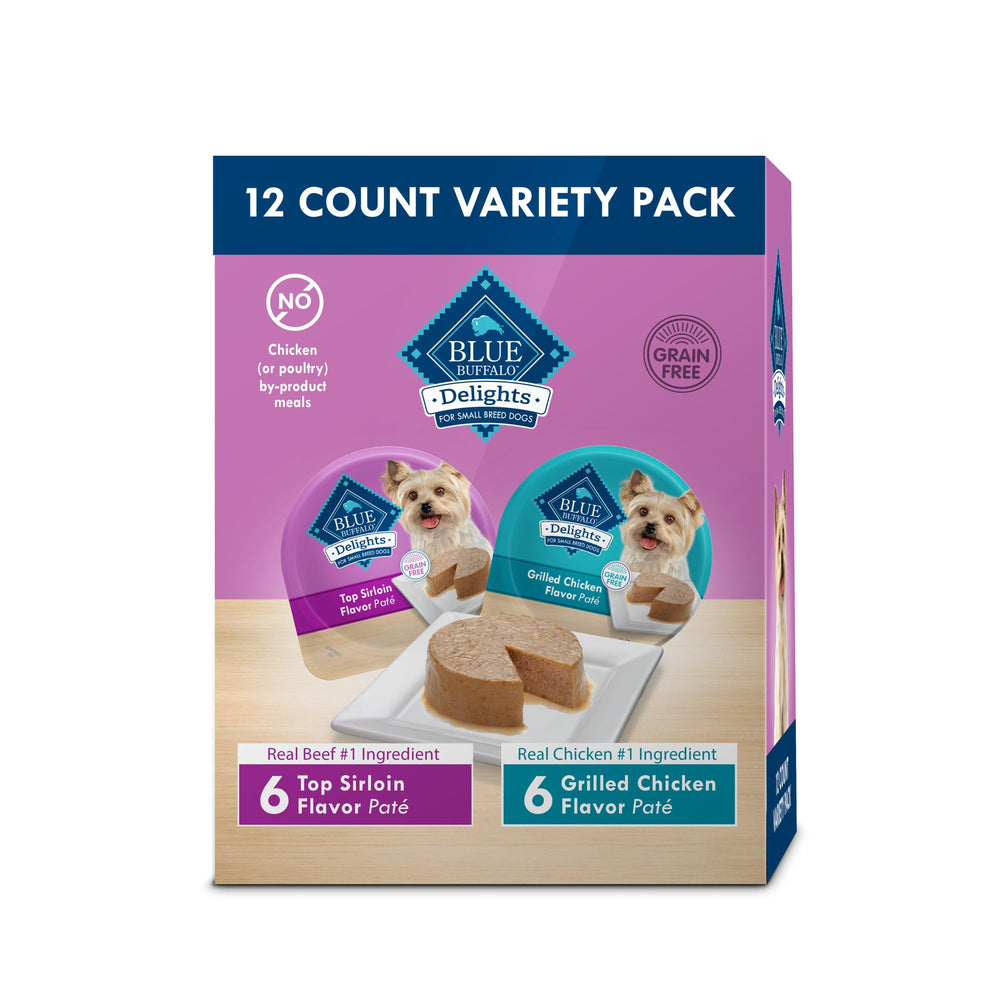 Blue Buffalo Delights small-breed Top Sirloin Paté cups showcase real beef for smaller dogs.