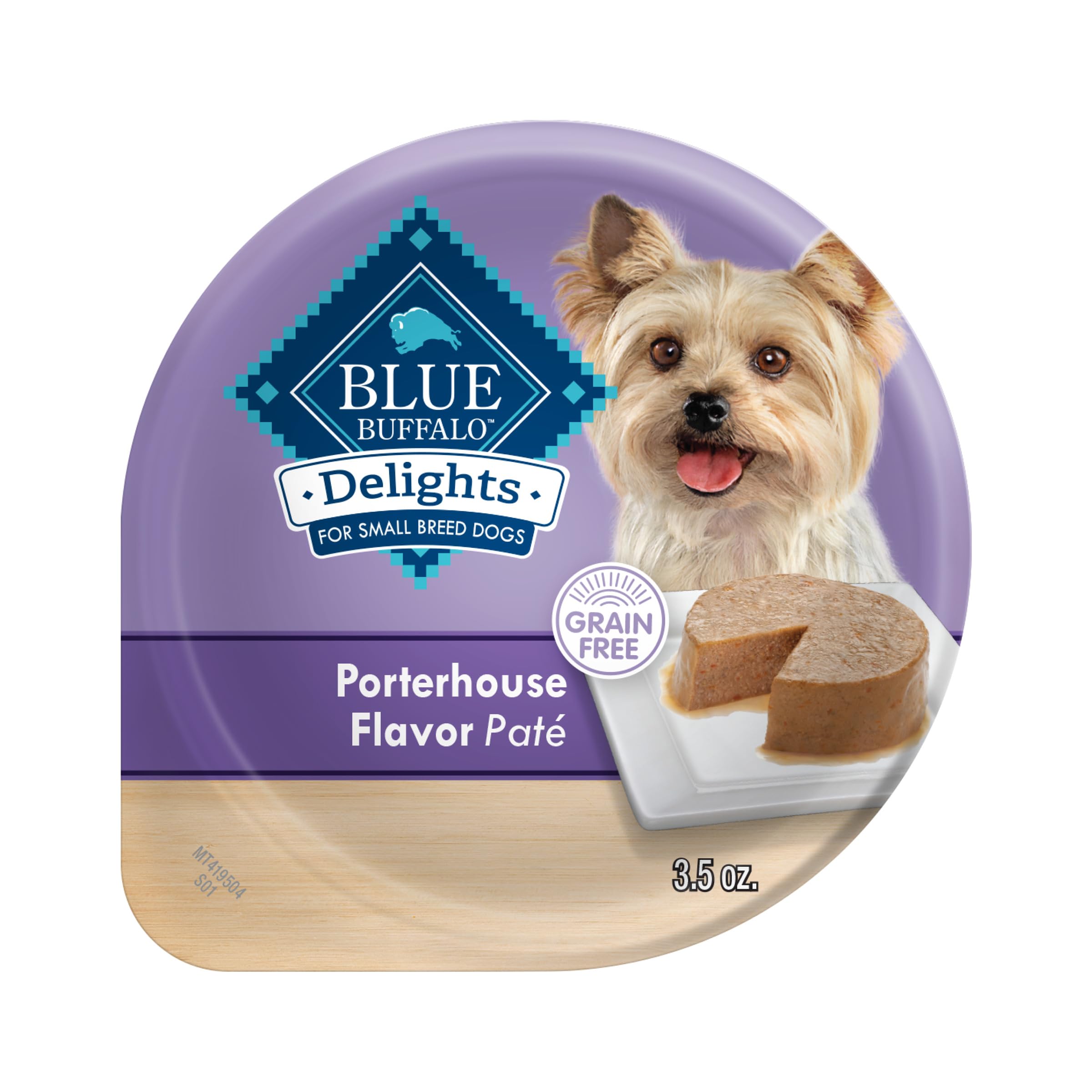 Blue Buffalo Delights small-breed cups with porterhouse pâté for tasty, protein-rich meals.