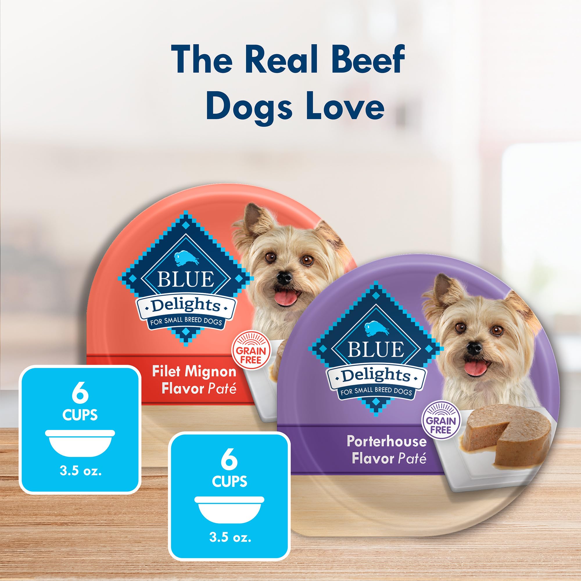 Blue Buffalo Delights Small Breed Wet Food Pack Front highlights six-portioned cups for easy feeding.