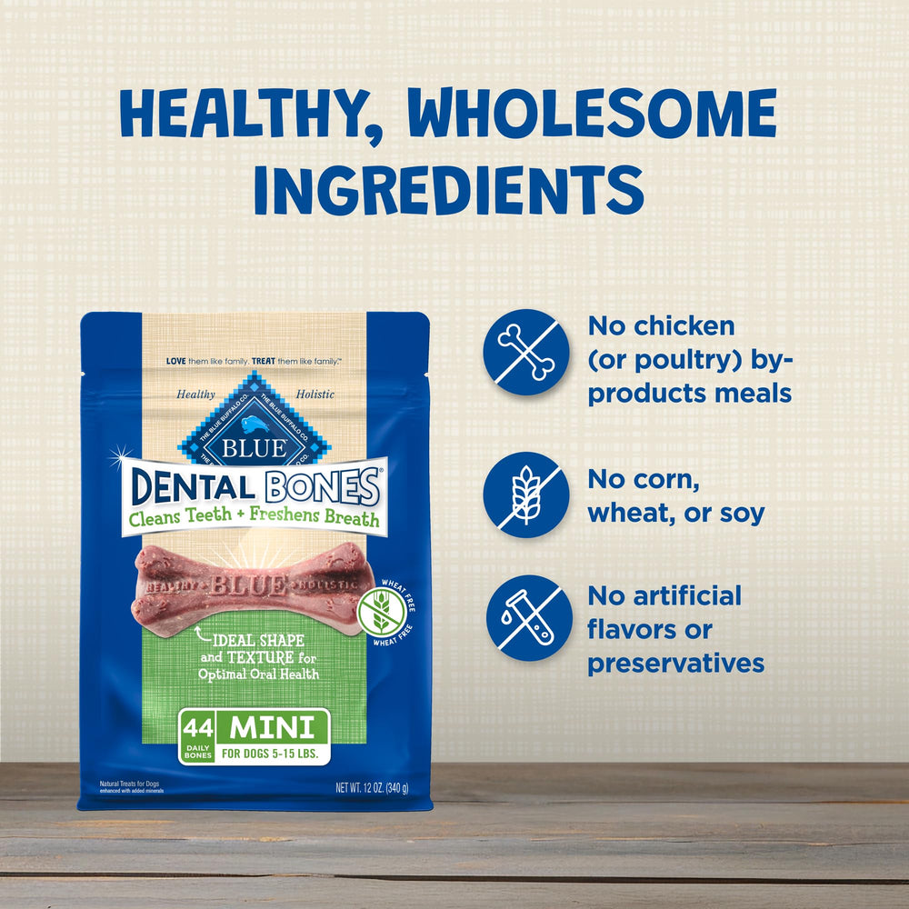 Blue Buffalo Dental Bones digestible texture closeup suggests easy chew for small dogs.