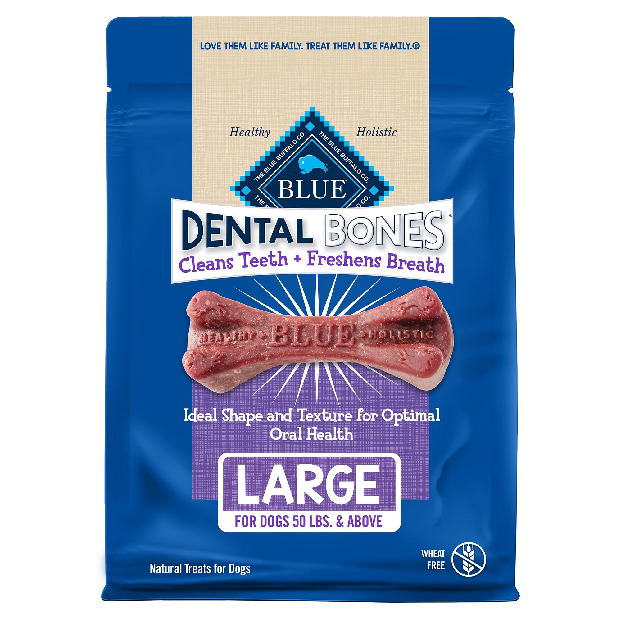 Blue Buffalo Dental Bones bag front for large dogs promotes dental care