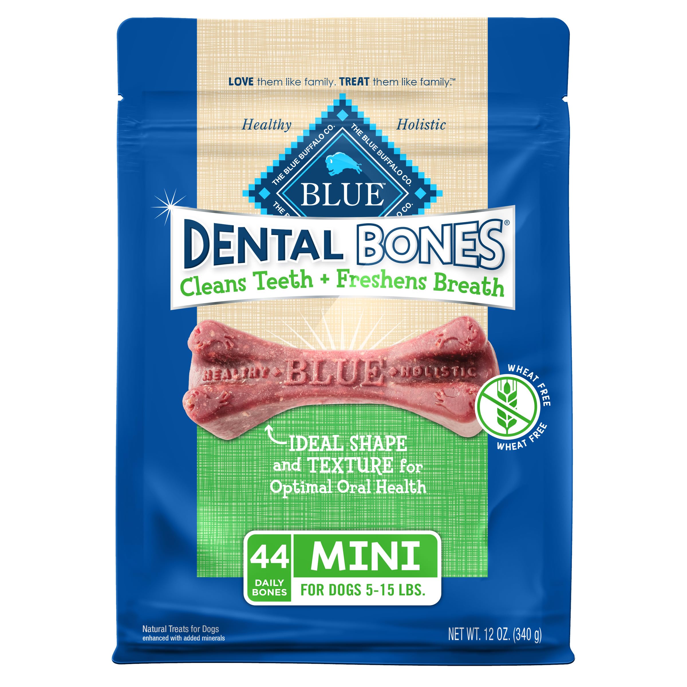 Blue Buffalo Dental Bones mini pack highlights natural ingredients for small dogs.