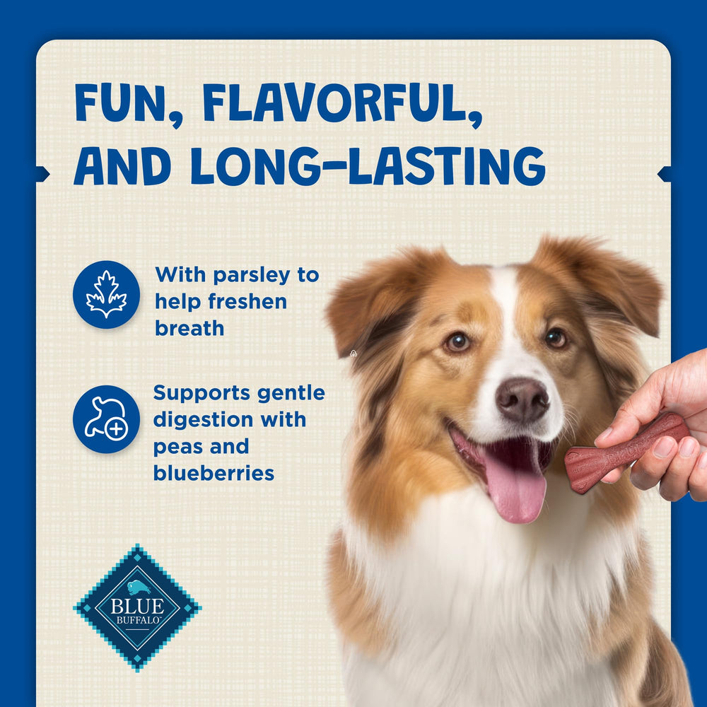 Blue Buffalo Dental Bones natural ingredients label emphasizing grain-free and additive-free formula.