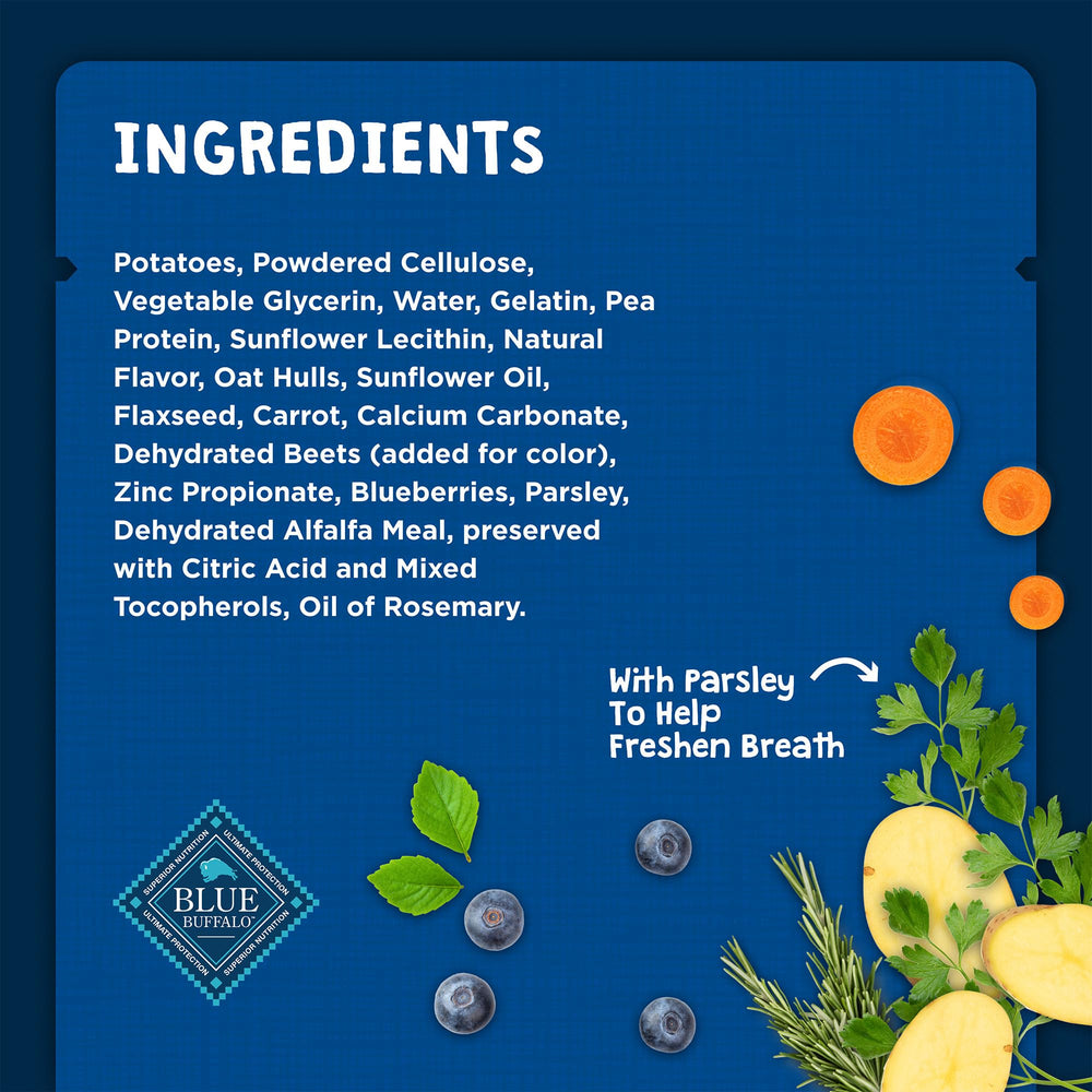 Blue Buffalo dental bones product info card emphasizing corn, wheat, soy-free