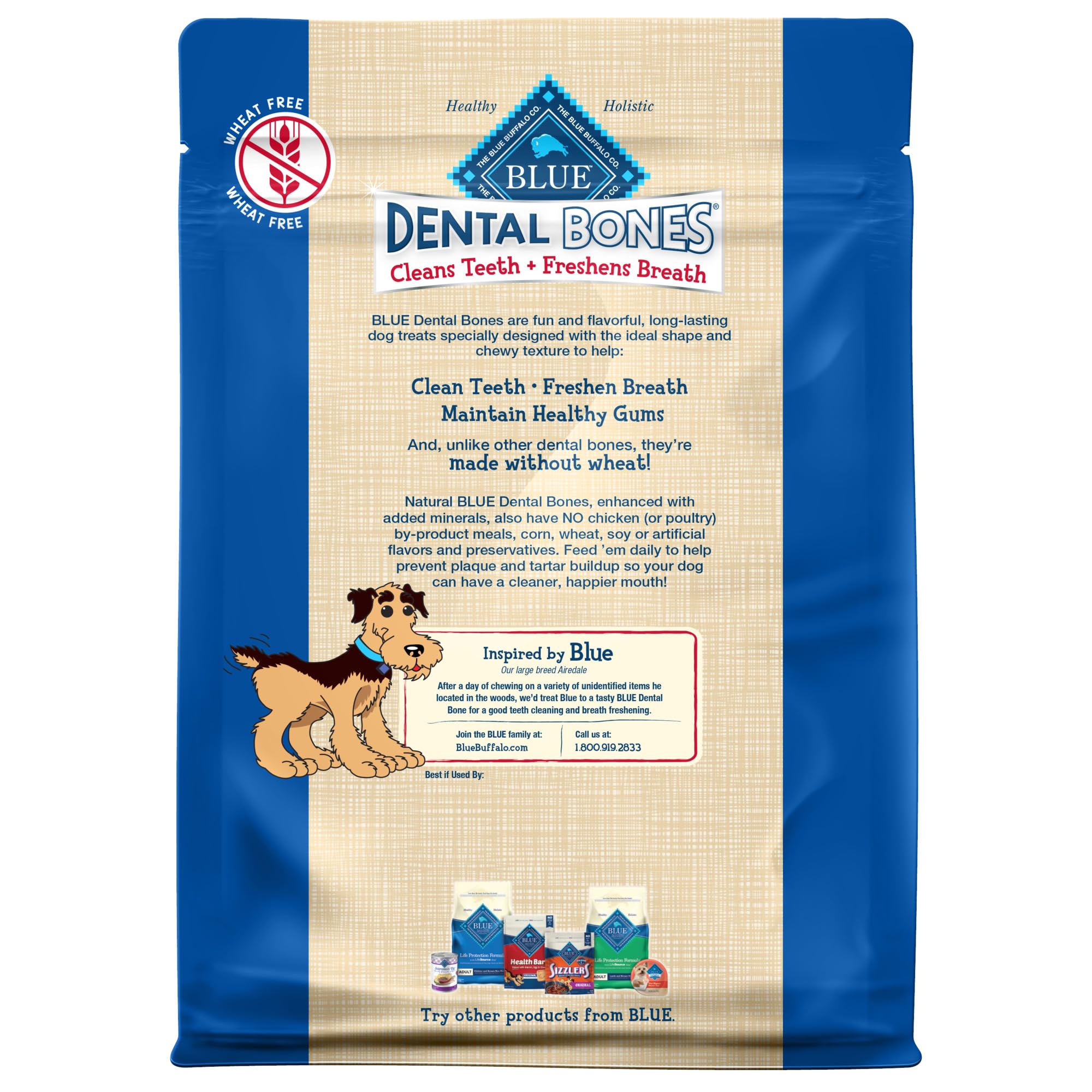 Blue Buffalo Dental Bones Regular bag back highlights wholesome ingredients for healthy gums.