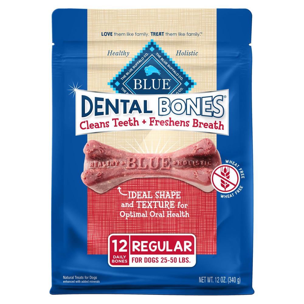 Blue Buffalo Dental Bones Regular bag front shows a tasty chew for daily dental care.