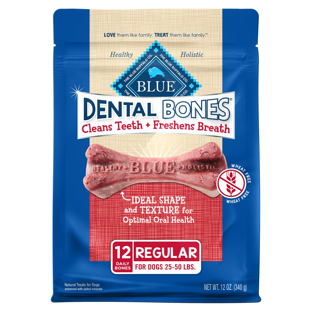 Blue Buffalo Dental Bones Regular bag front shows a tasty chew for daily dental care.