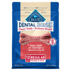 Blue Buffalo Dental Bones Regular bag front shows a tasty chew for daily dental care.