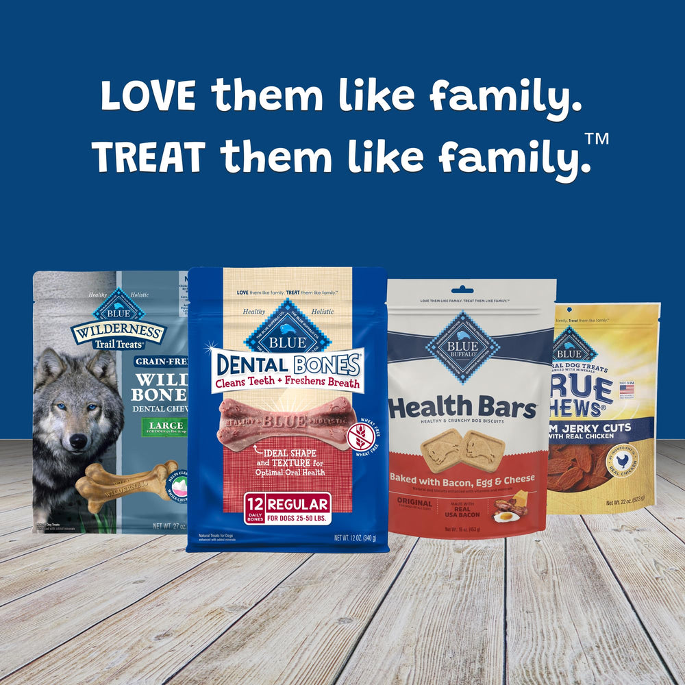 Blue Buffalo Dental Bones Regular bone-shape emphasizes durable chew for long-lasting entertainment.
