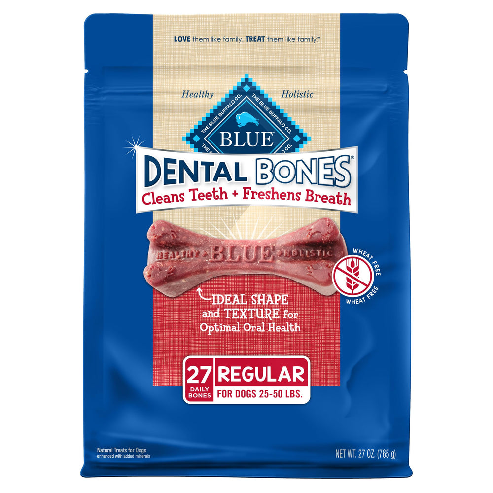 Blue Buffalo Dental Bones regular pack front view, a tasty digestible dental chew