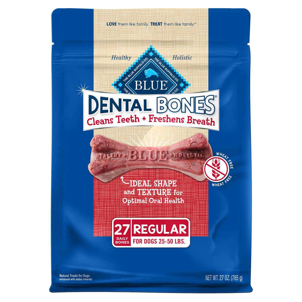 Blue Buffalo Dental Bones regular pack front view, a tasty digestible dental chew