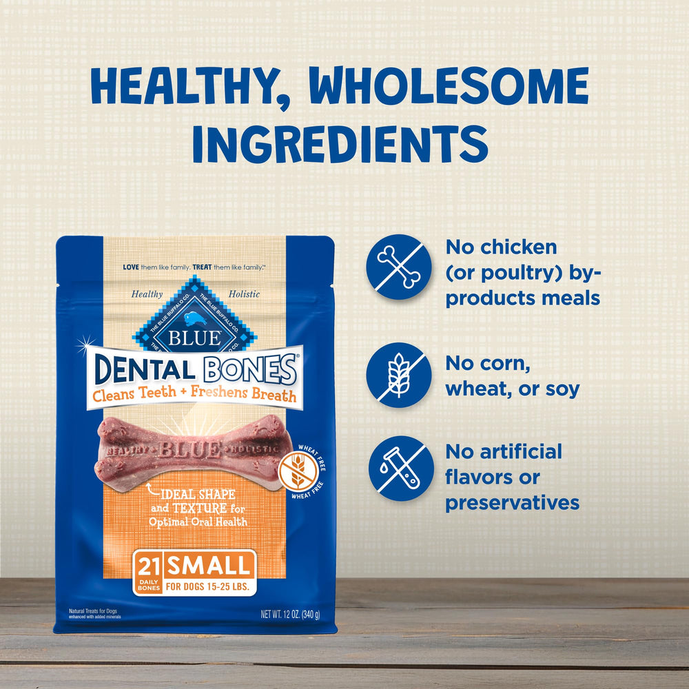 Blue Buffalo Dental Bones small 12oz label emphasizing natural, digestible chews.