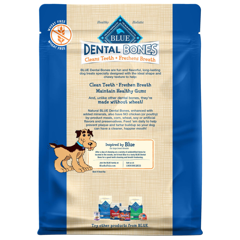 Blue Buffalo Dental Bones small bag back highlights wholesome ingredients and no by-products.
