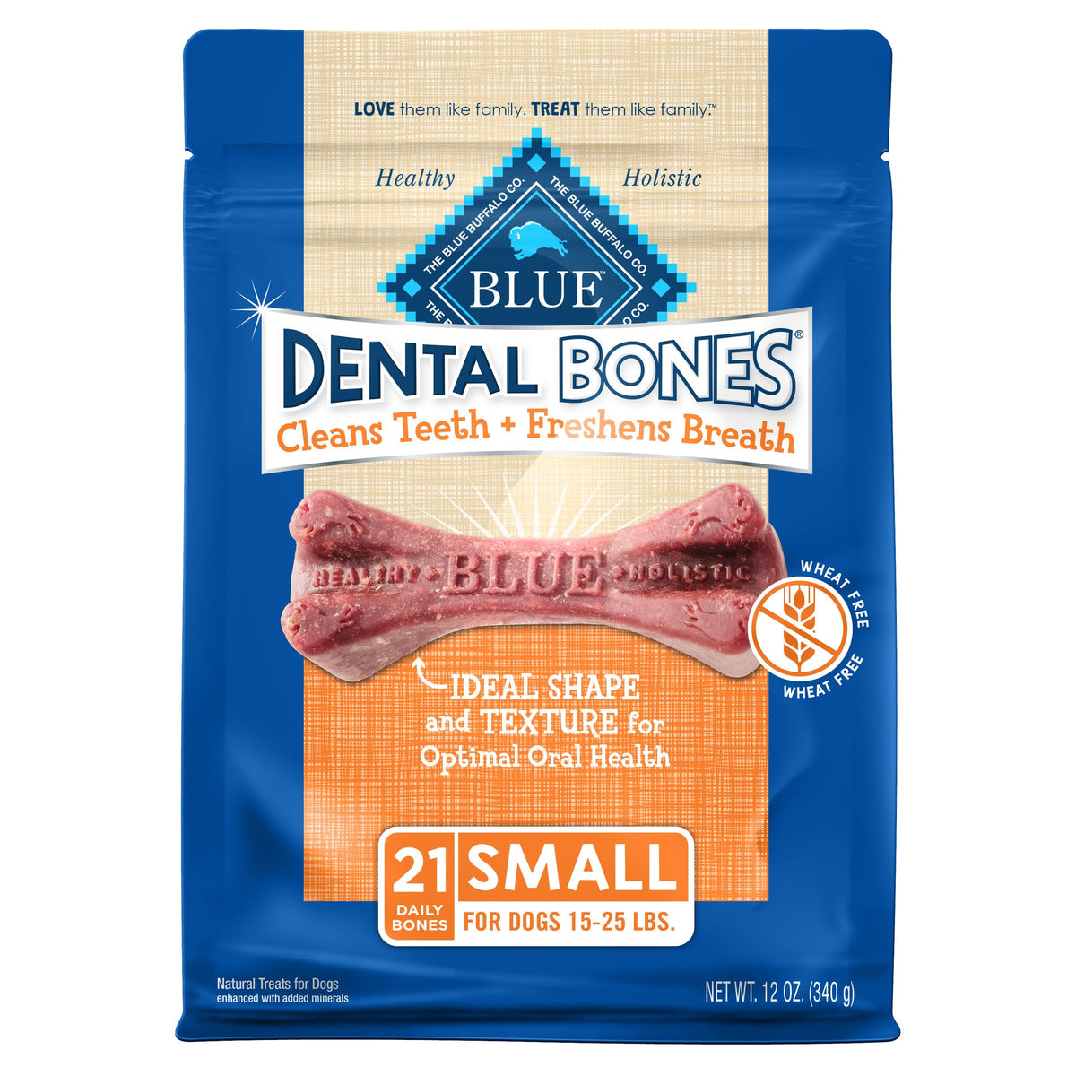 Blue Buffalo Dental Bones small bag front showing tasty chew for cleaner teeth.