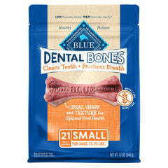 Blue Buffalo Dental Bones small bag front showing tasty chew for cleaner teeth.