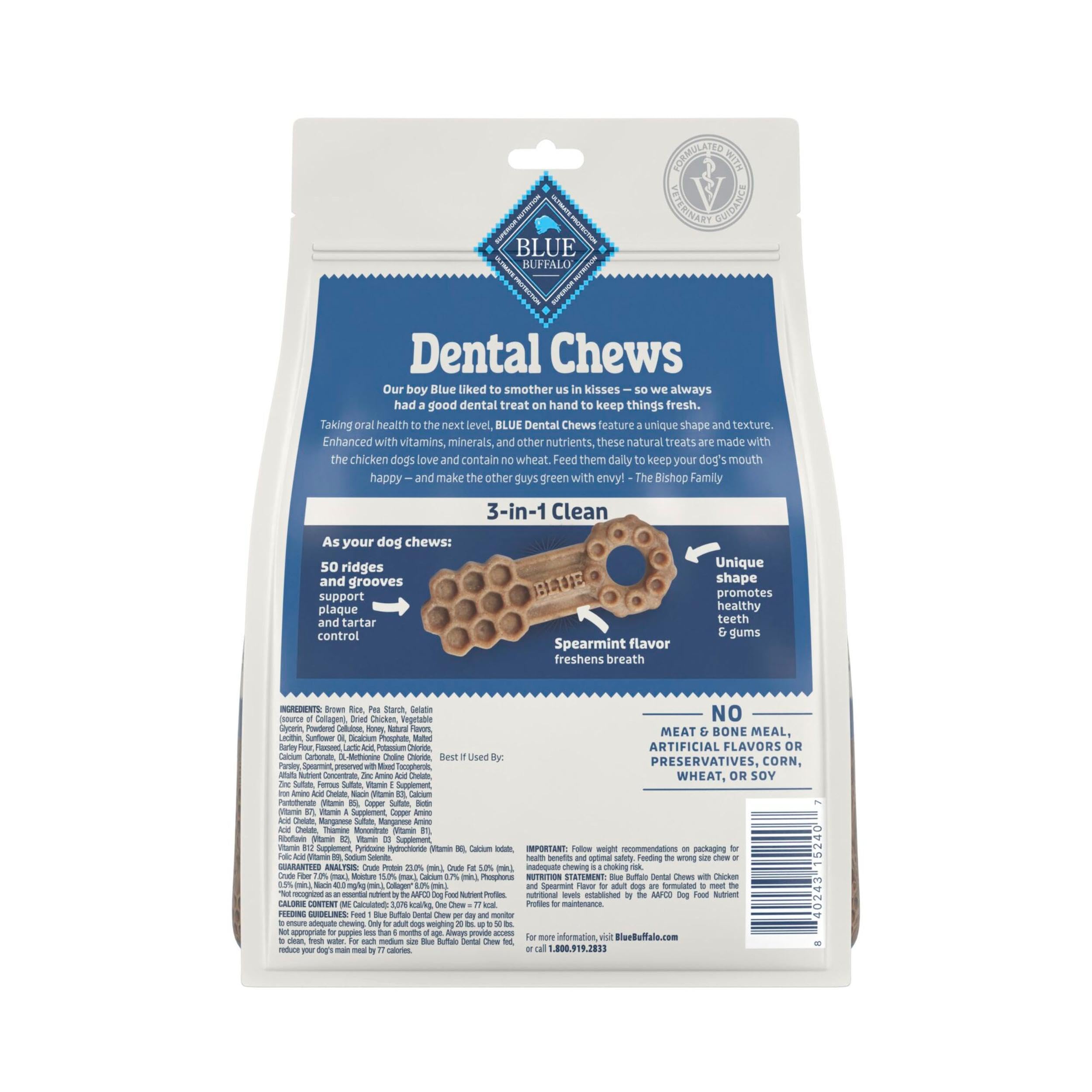 Blue Buffalo dental chews bag exterior highlights USA-made and natural ingredients.