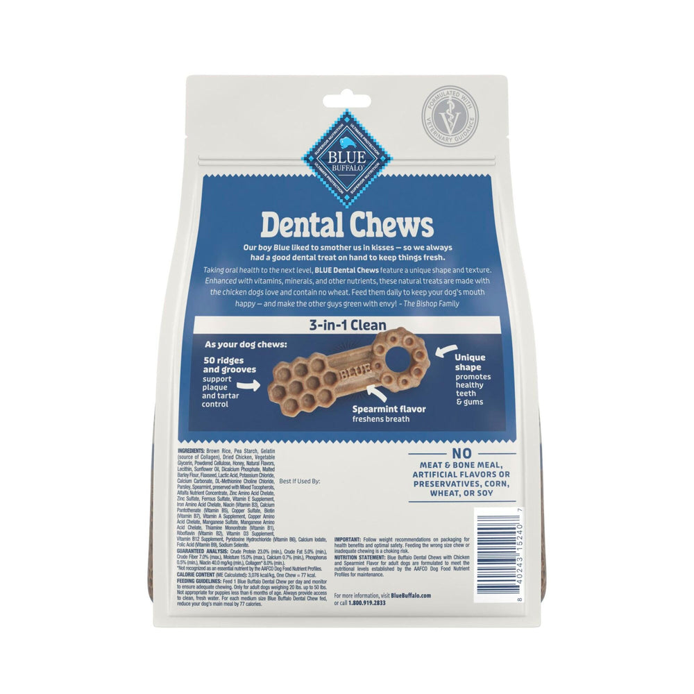 Blue Buffalo dental chews bag exterior highlights USA-made and natural ingredients.